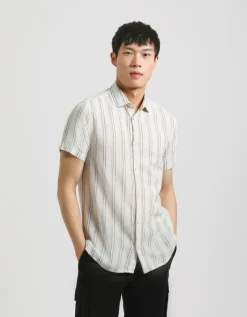 Camicia mezza manica a righe misto lino