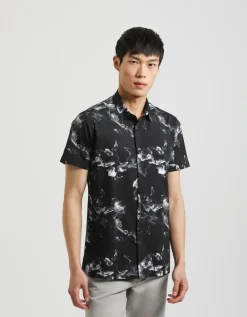 Camicia mezza manica in tessuto elastico con fantasia