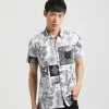 Camicia mezza manica in tessuto elastico con fantasia