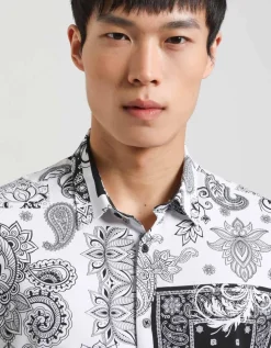 Camicia mezza manica in tessuto elastico con fantasia