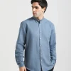 Camicia misto lino con collo coreano