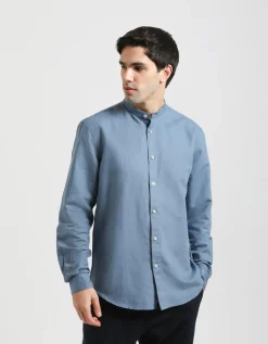 Camicia misto lino con collo coreano