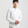 Camicia misto lino con collo coreano