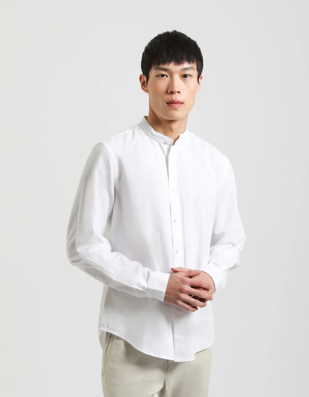 Camicia misto lino con collo coreano