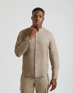 Camicia misto lino con collo coreano