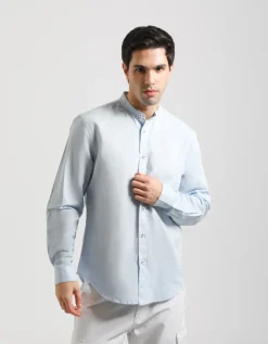 Camicia misto lino con collo coreano