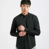 Camicia misto lino con collo coreano