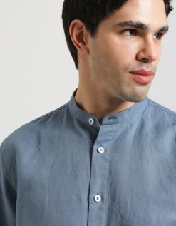 Camicia misto lino con collo coreano