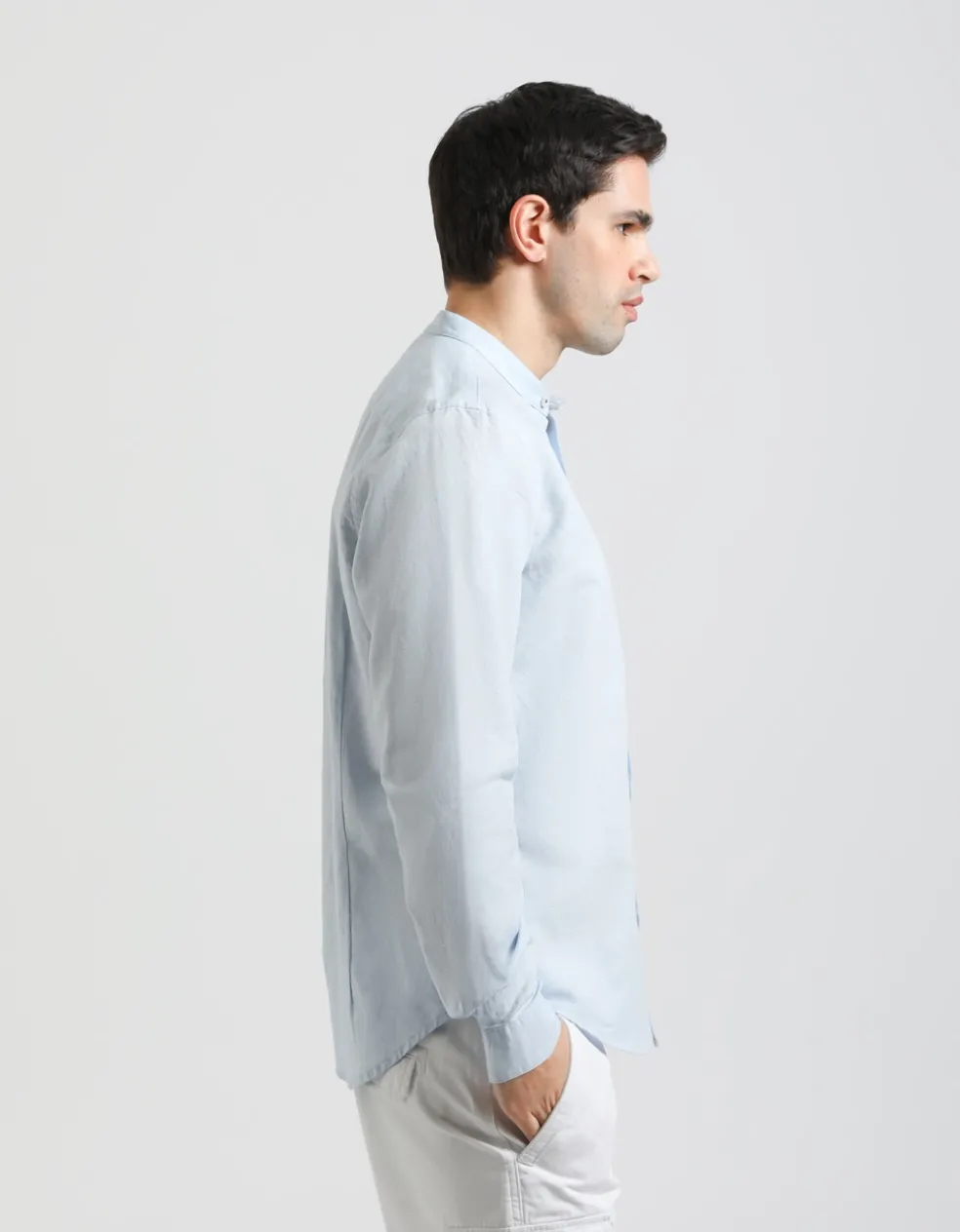 Camicia misto lino con collo coreano