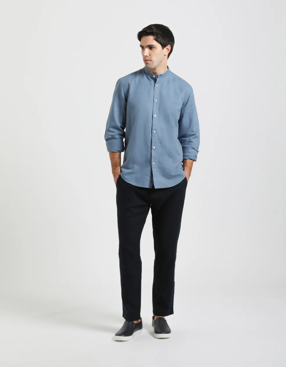 Camicia misto lino con collo coreano
