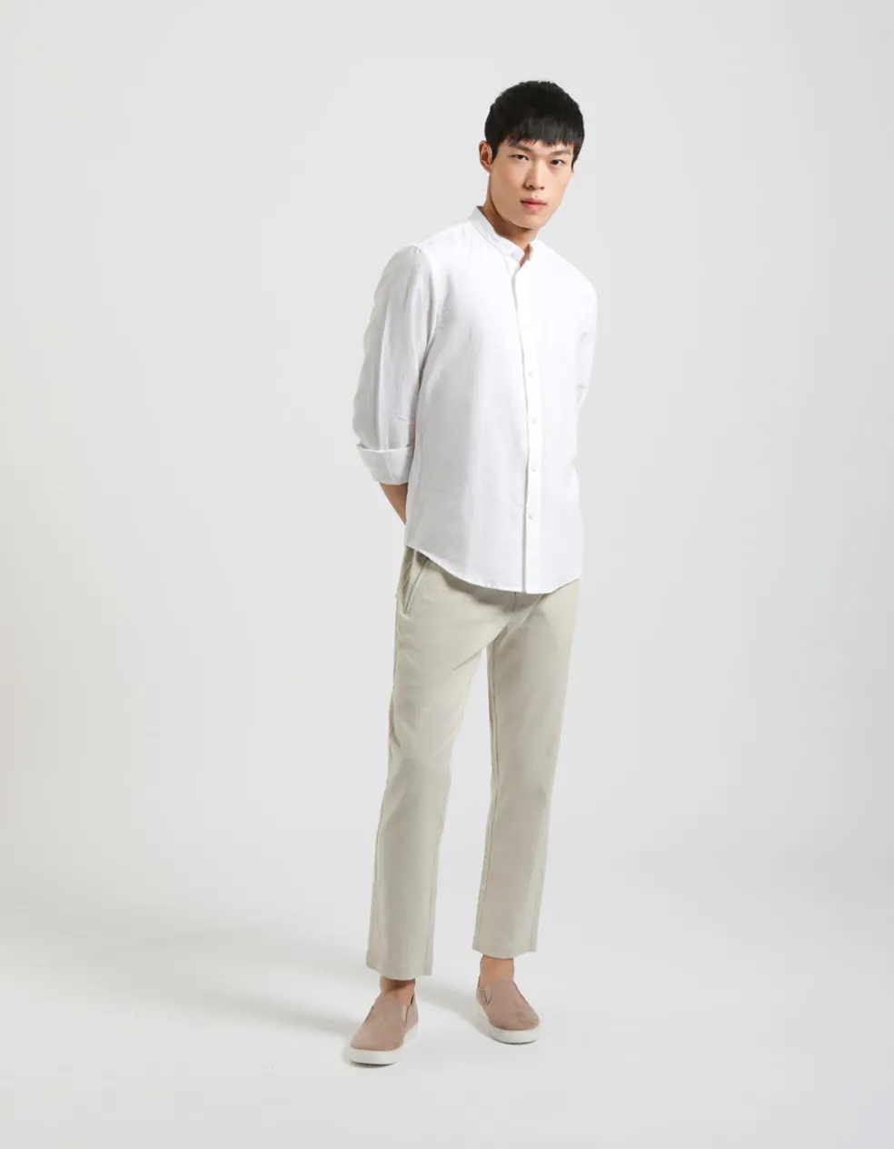 Camicia misto lino con collo coreano