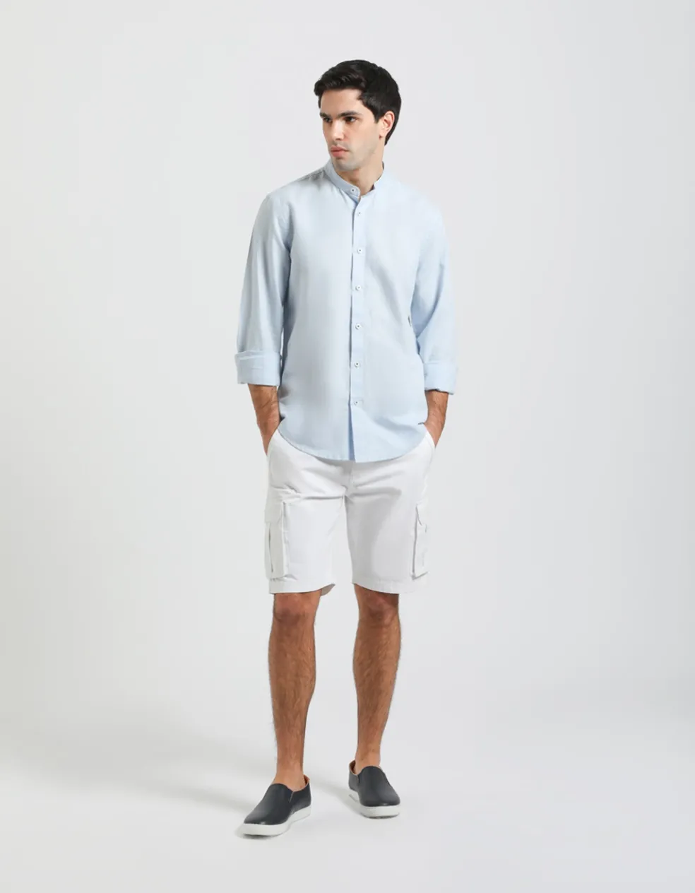 Camicia misto lino con collo coreano