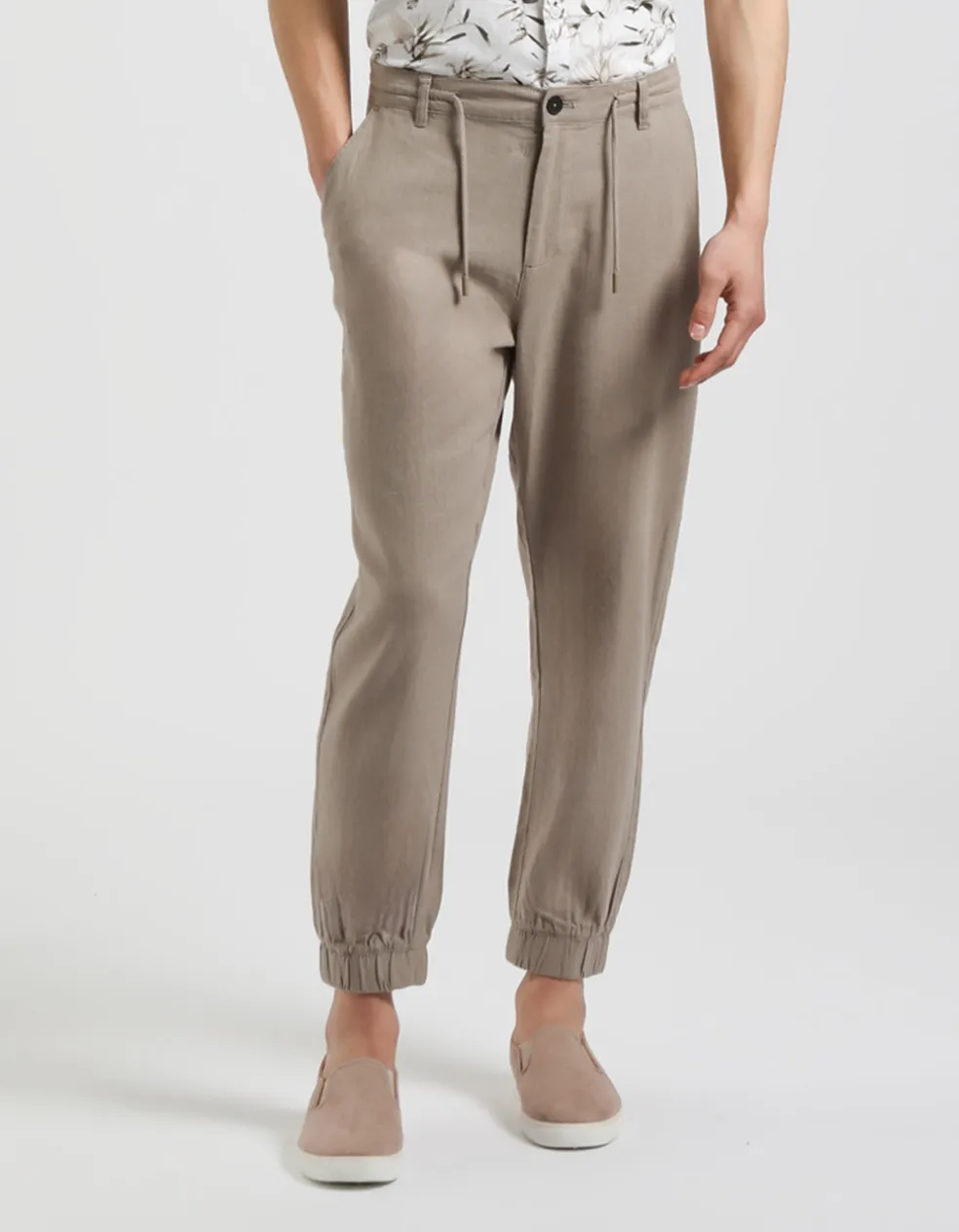 Pantaloni misto lino con elastici alle caviglie